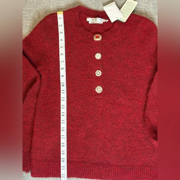Simons Jewel Button Fuzzy Knit Sweater Red Size XS Statement Button Cardigan - Picture 13 of 13